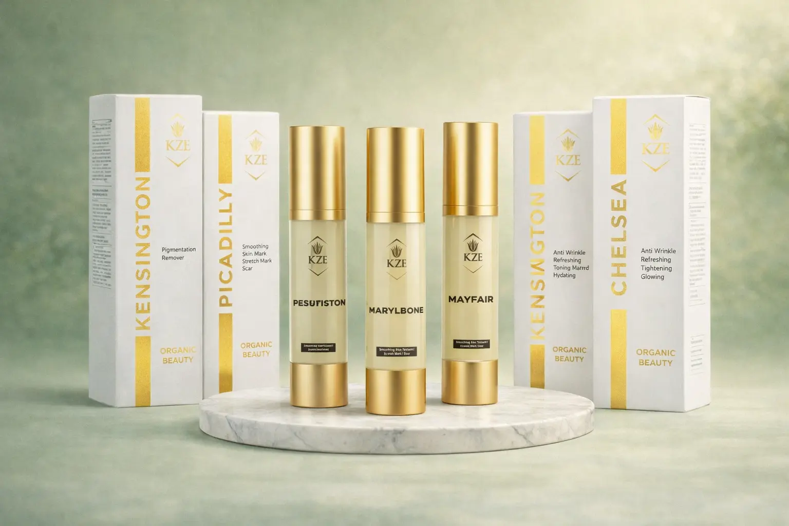 KZE Organic Beauty product range displayed together